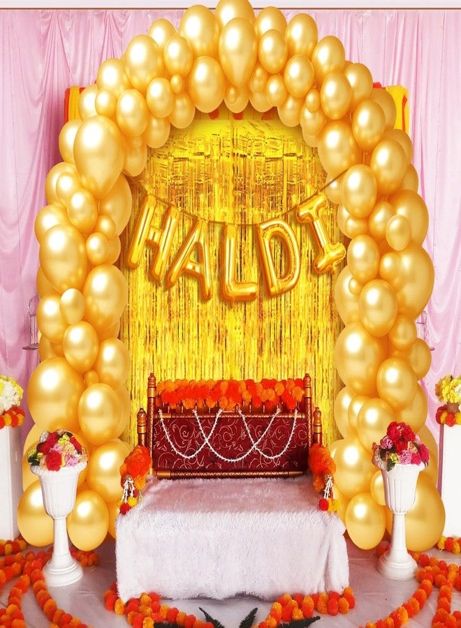 بروبسيكل مجموعة من 57 بالونًا ذهبيًا على شكل حرف "Haldi Bride to Be" مقاس 16 بوصة، بالإضافة إلى 50 بالونًا ذهبيًا وستارتين ذهبيتين، مثالية لتزيين حفلات توديع العزوبية وحفلات الزفاف. مصنوعة من رقائق معدنية. - Image 4